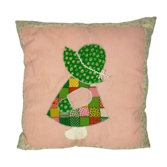 Sunbonnet Sue Handmade Patchwork Throw Pillow Pink Green Calico Seersucker - Picture 1 of 4